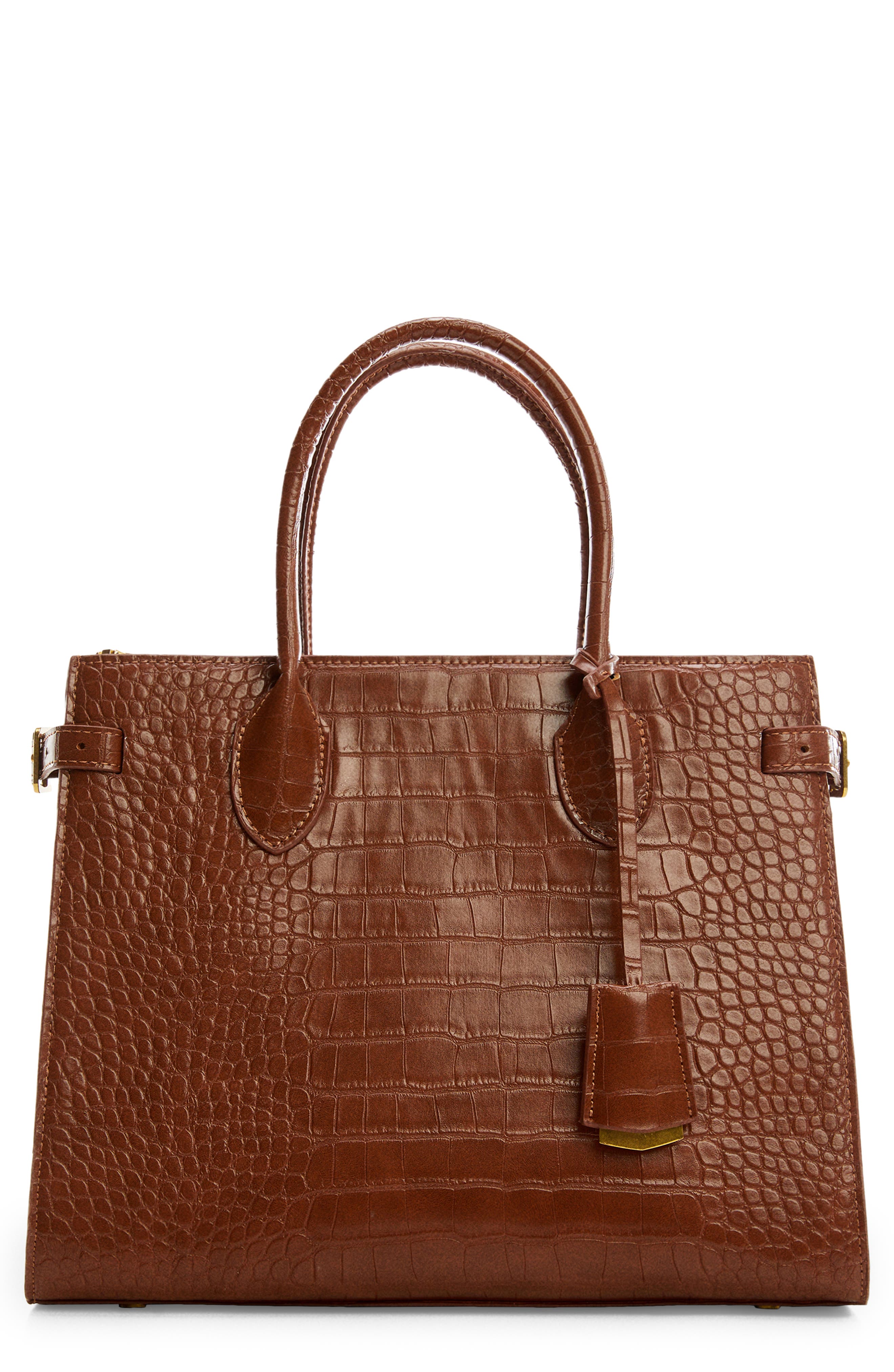MANGO Croc Embossed Faux Leather Tote Bag, Main, color, 