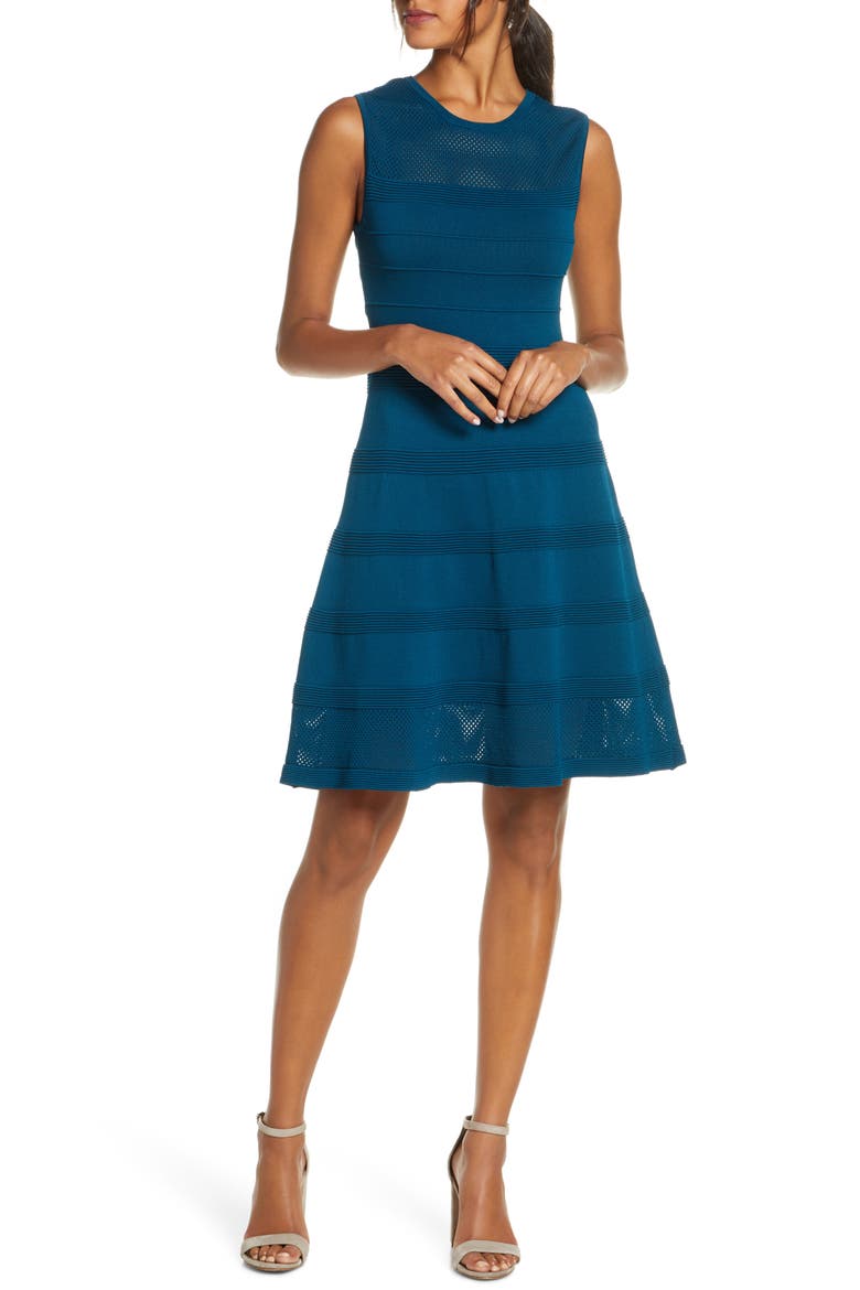 Sleeveless Mesh Fit & Flare Sweater Dress, Main, color, TEAL