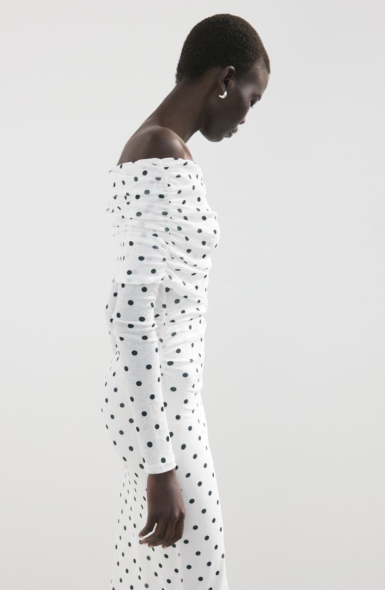 MANGO Nevado Vestido Dot Off the Shoulder Long Sleeve Midi Dress, Alternate, color, White