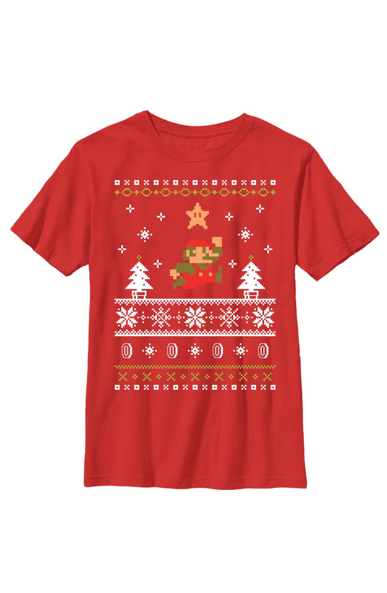 NINTENDO Boy's Nintendo Ugly Christmas Mario Graphic T-Shirt, Main, color, Red