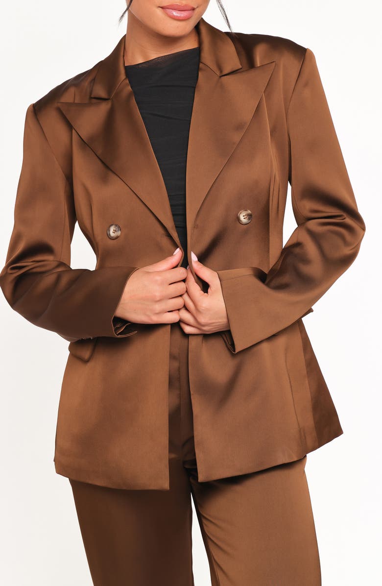Petal & Pup Trina Double Breasted Satin Blazer, Alternate, color, Brown