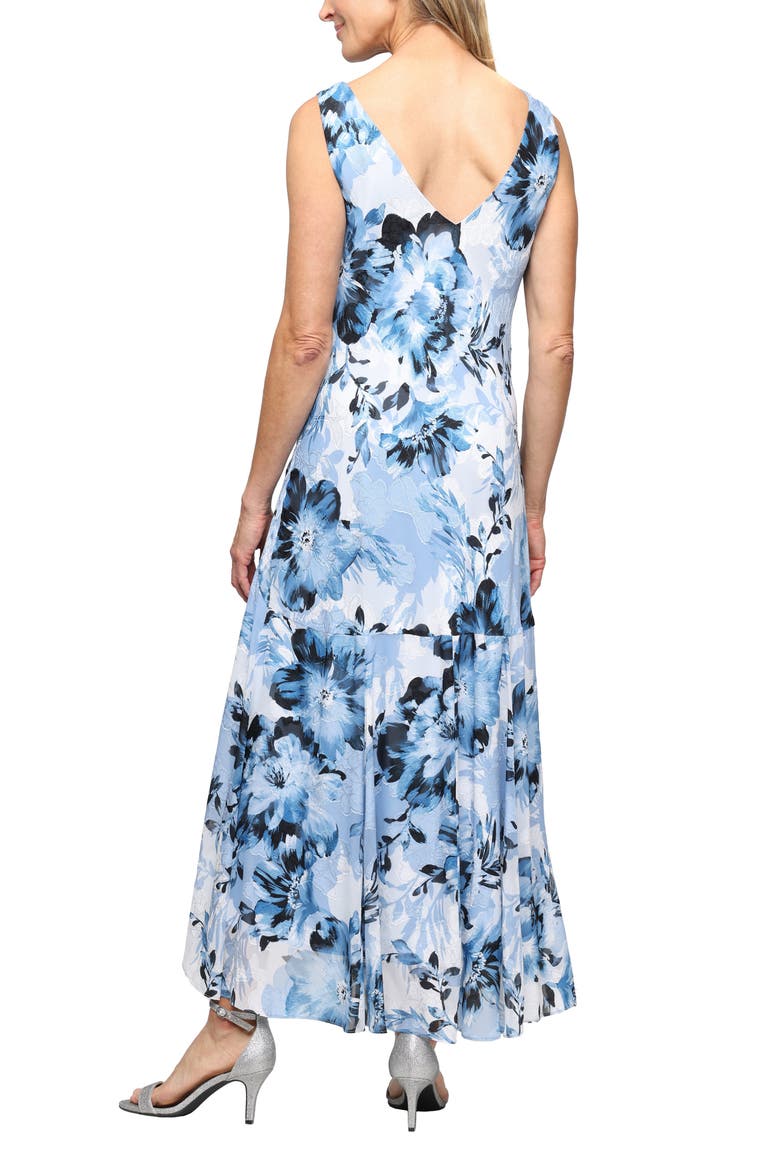 Floral Burnout Chiffon Gown with Shawl, Alternate, color, BLUE HYDRANGEA MULTI