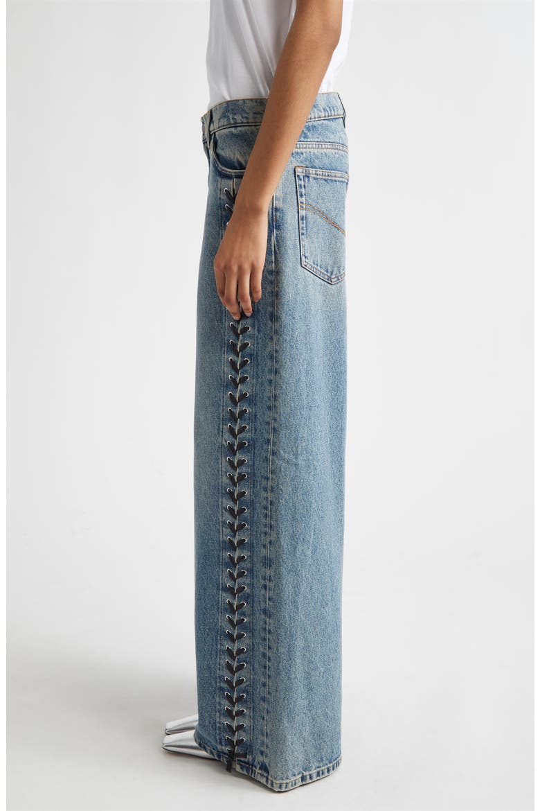 Lacing Denim Wide Leg Jeans, Alternate, color, MID BLUE