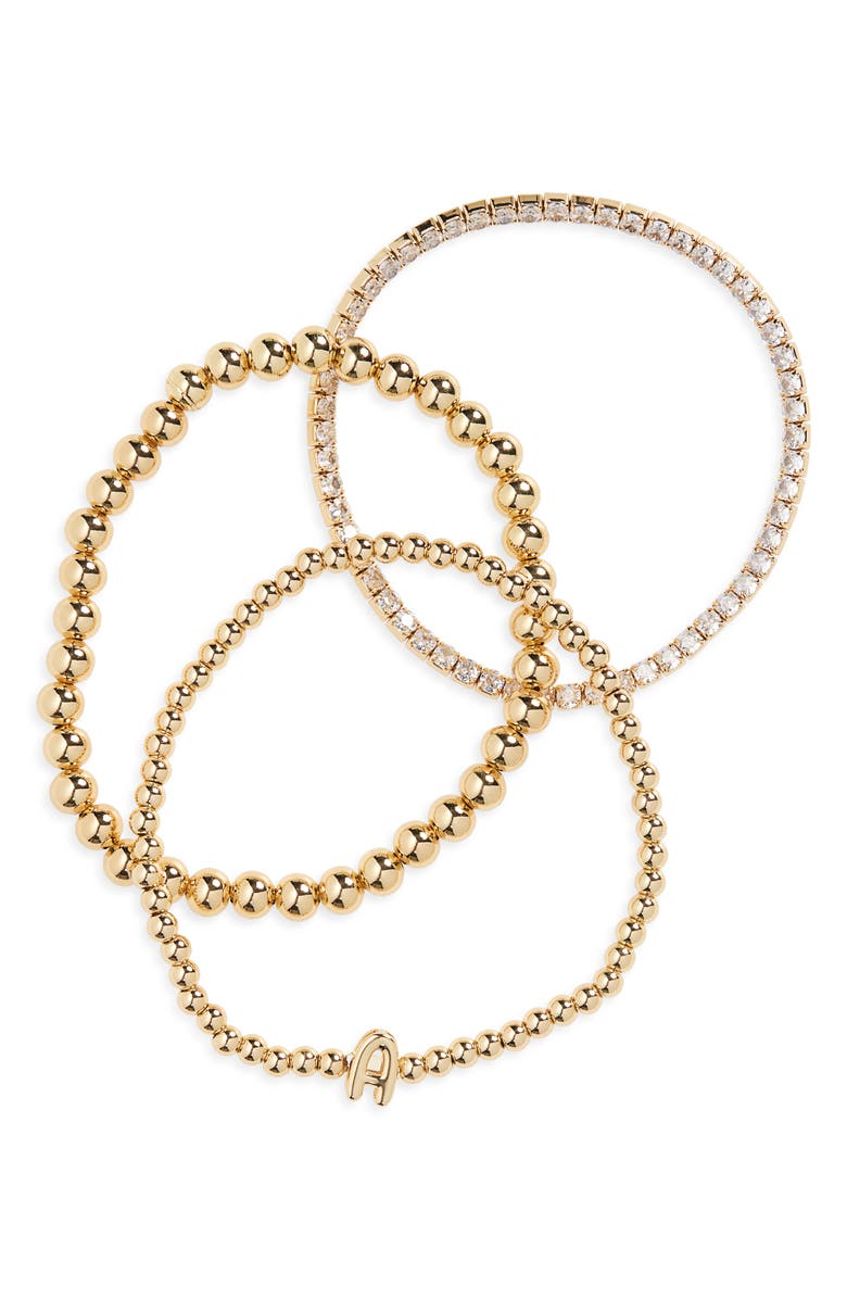 Leith 3-Pack Initial Bead Bracelet, Alternate, color, A- Clear- Gold