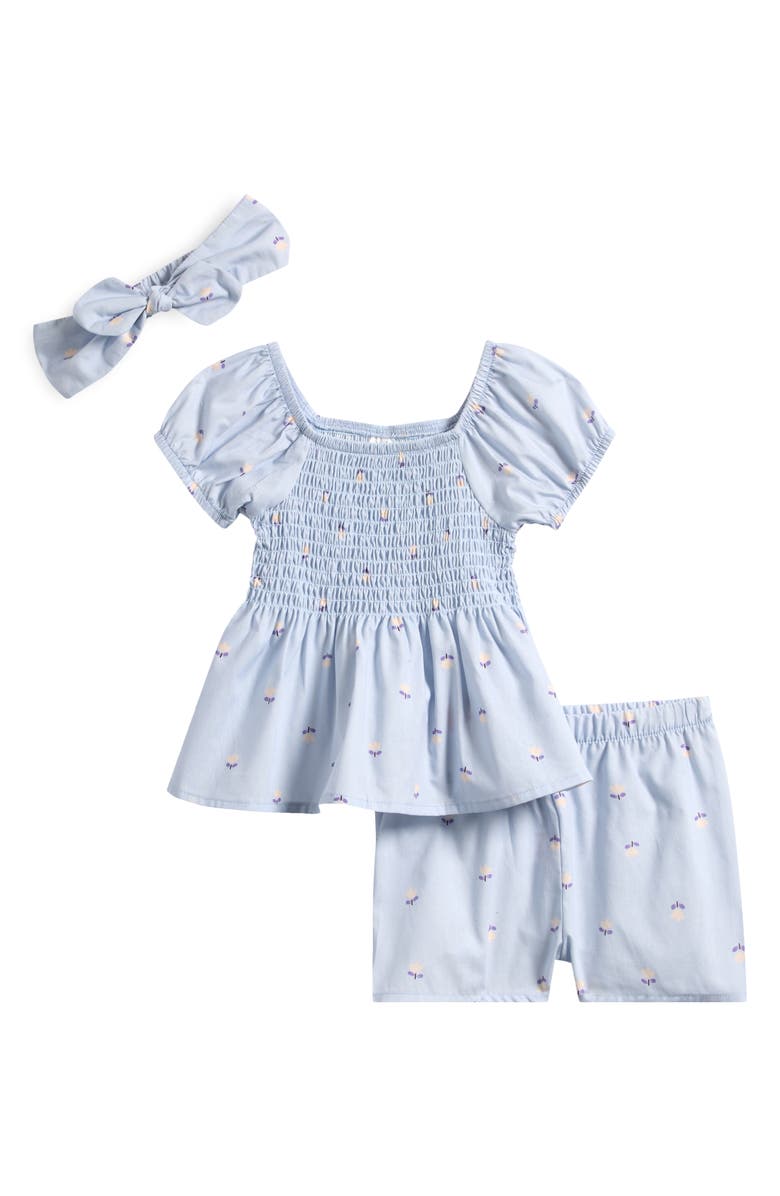 PL Baby by Petit Lem Floral Woven Smocked Top & Shorts & Headband Set, Main, color, Light Blue Floral
