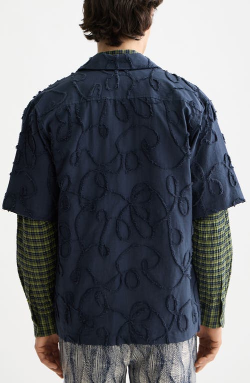 Scotch & Soda Oversize Textured Short Sleeve Cotton Blend Button-up Shirt In Blue