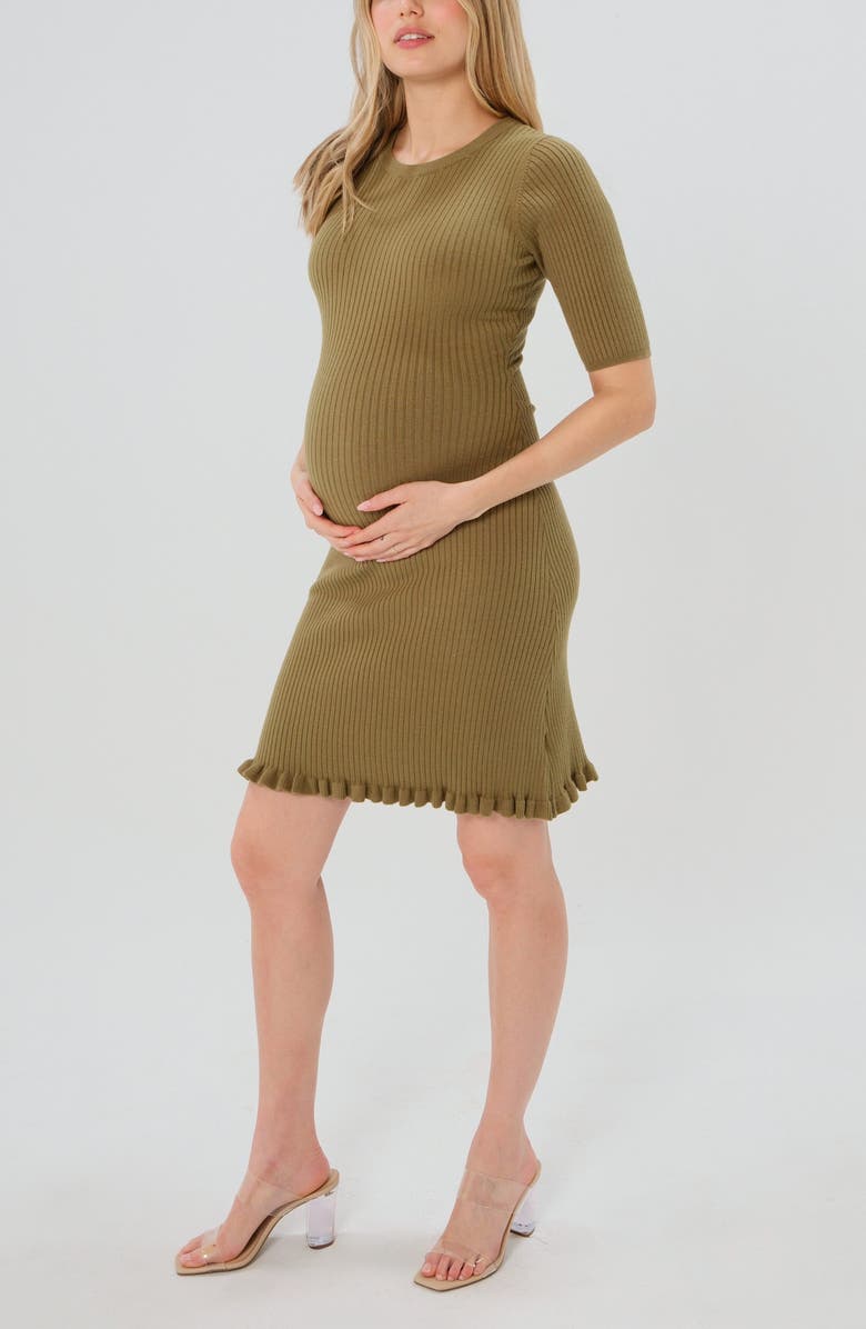 Marion Women's Knee Length Olive Green Maternity Sweater Dress in Cotton Knit, Alternate, color, Olive Green