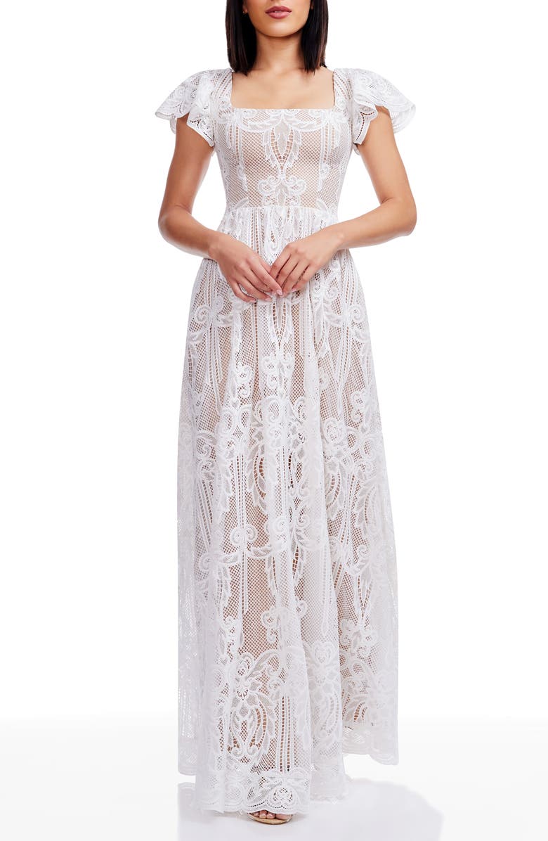 Dress the Population Janis Lace Gown, Main, color, White-Nude