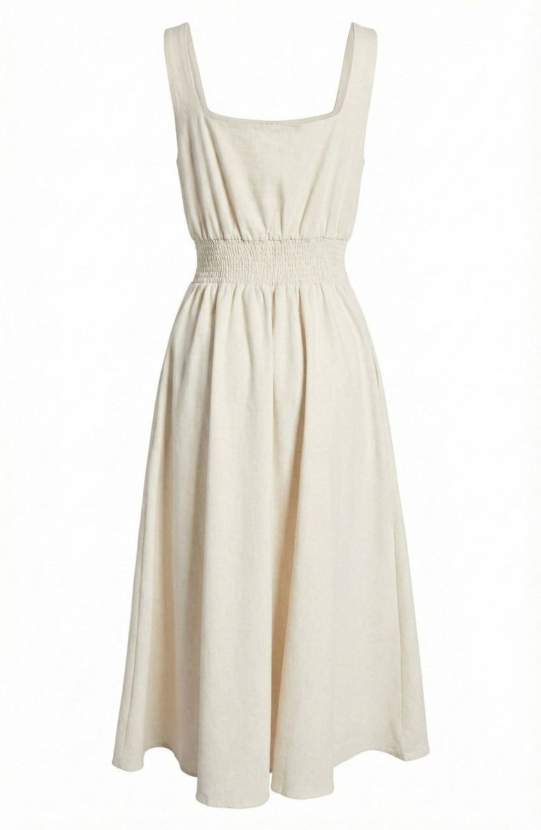 Modenaire Sleeveless Smocked Front Zip Midi Dress, Alternate, color, Cream