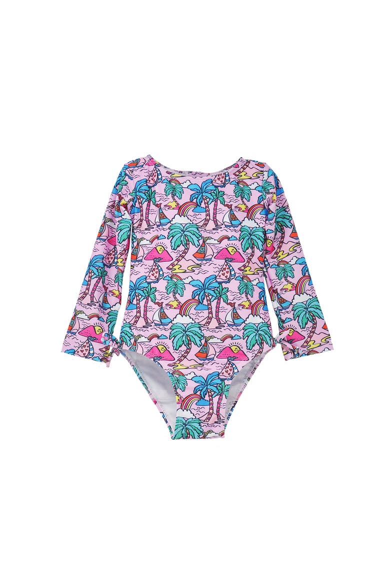 Girl's  UPF 50+ Charlie Long SleeveRash Guard Swimsuit, Main, color, Island Doodles