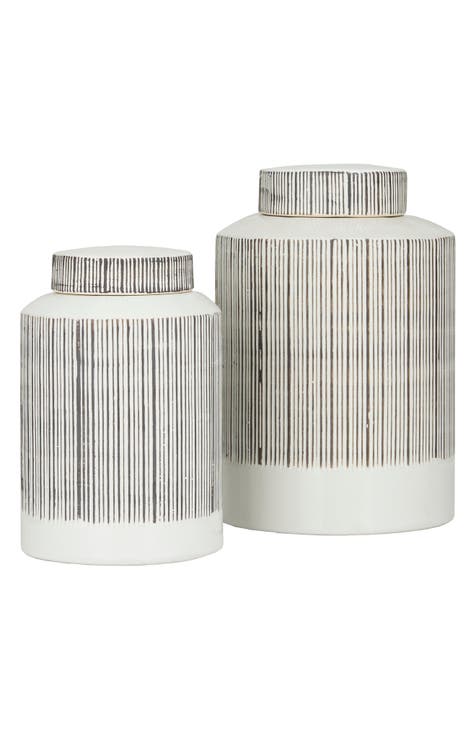 White Ceramic Striped Decorative Jar - Set of 2