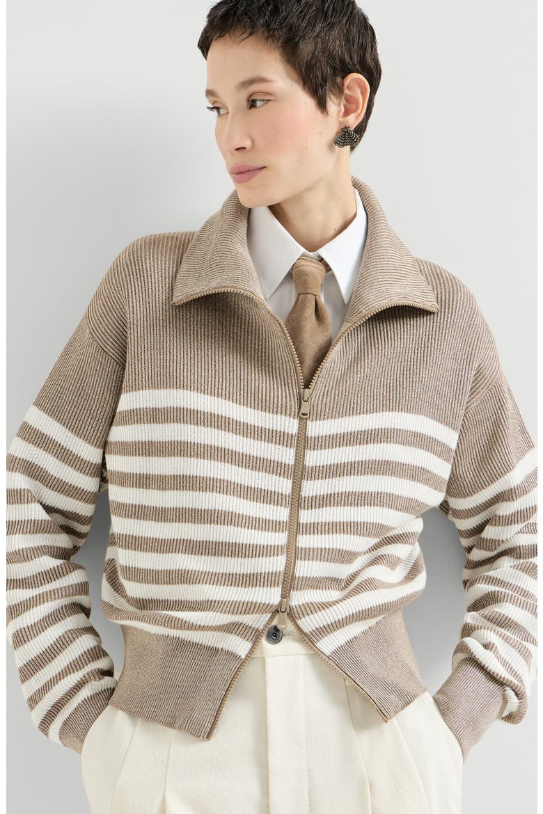 Sparkling cotton striped English rib cardigan with zipper and monili, Alternate, color, Beige