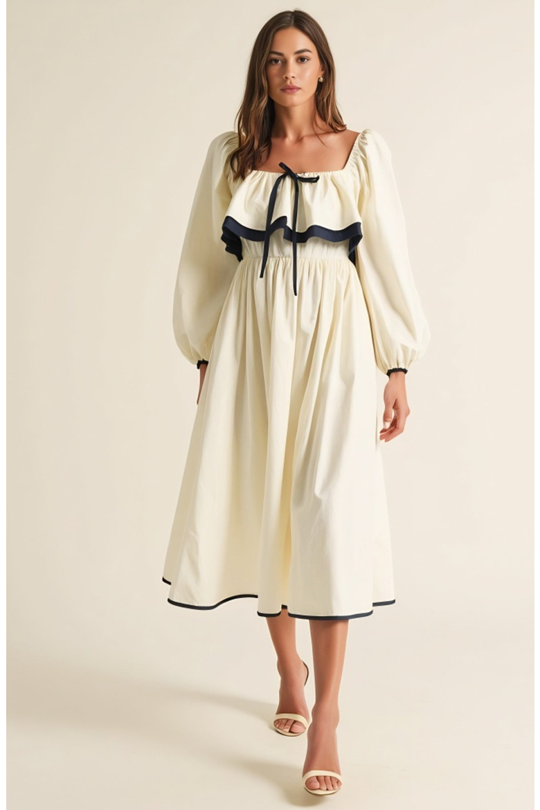 Long Sleeve Ruffle Trim Midi Dress with Tie Front Detail, Alternate, color, Off-white / Cream