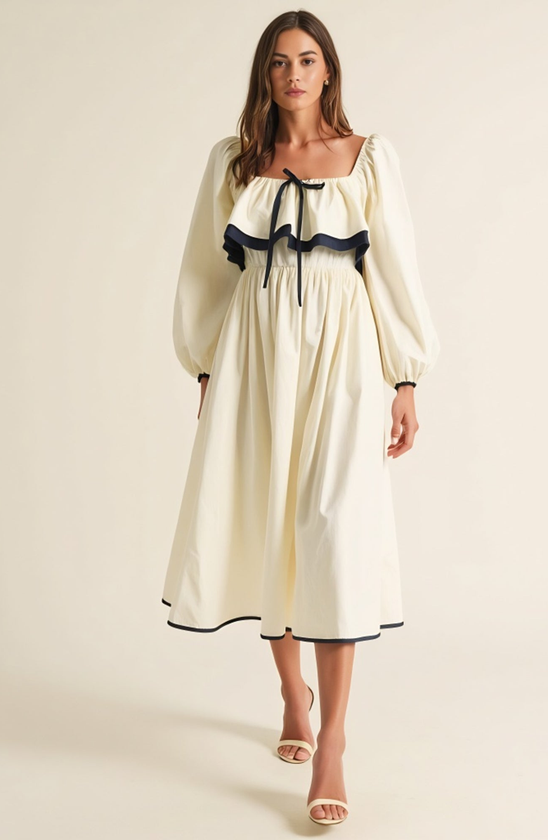 Modenaire Long Sleeve Ruffle Trim Midi Dress with Tie Front Detail, Alternate, color,