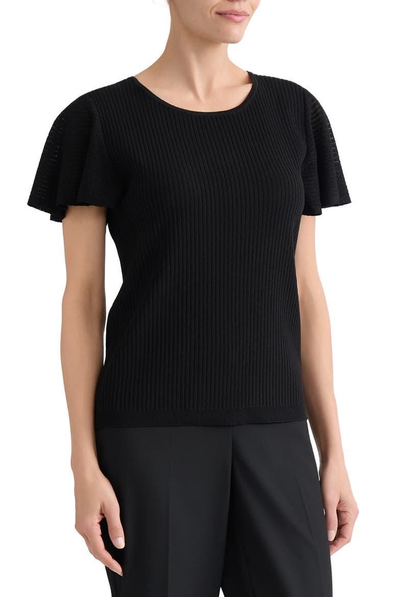 Flutter Sleeve Rib Sweater, Alternate, color, BLACK