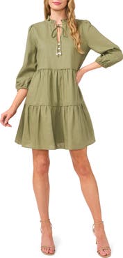 CeCe Long Sleeve Tiered Linen Blend Dress