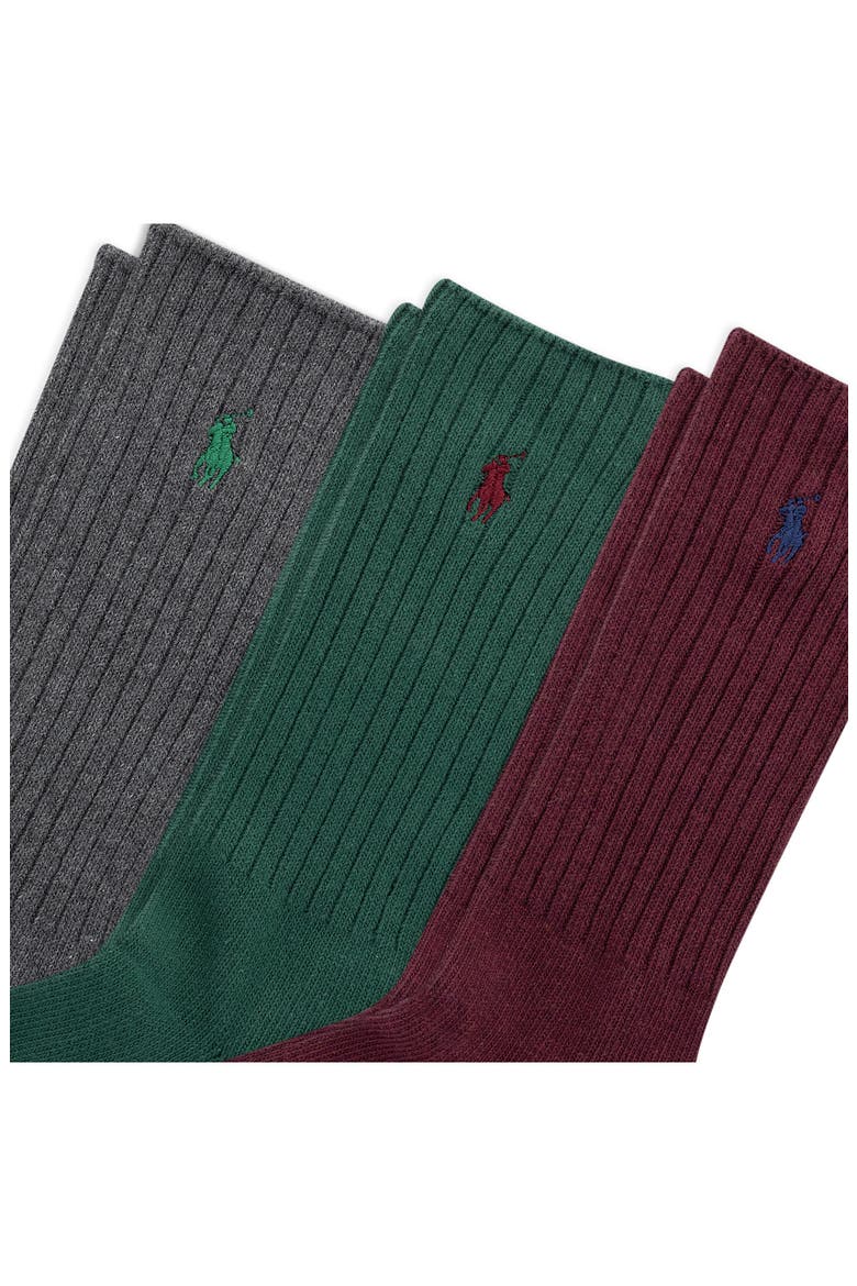Assorted 3-Pack Ribbed Cotton Blend Crew Socks, Alternate, color, BURGUNDY/ GREEN/ GREY