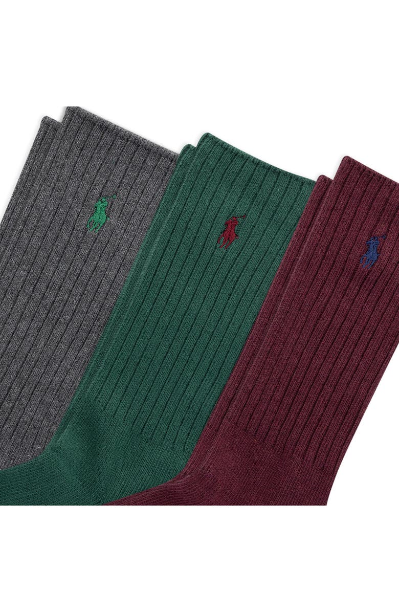 Polo Ralph Lauren Assorted 3-Pack Ribbed Cotton Blend Crew Socks, Alternate, color, Burgundy/ Green/ Grey