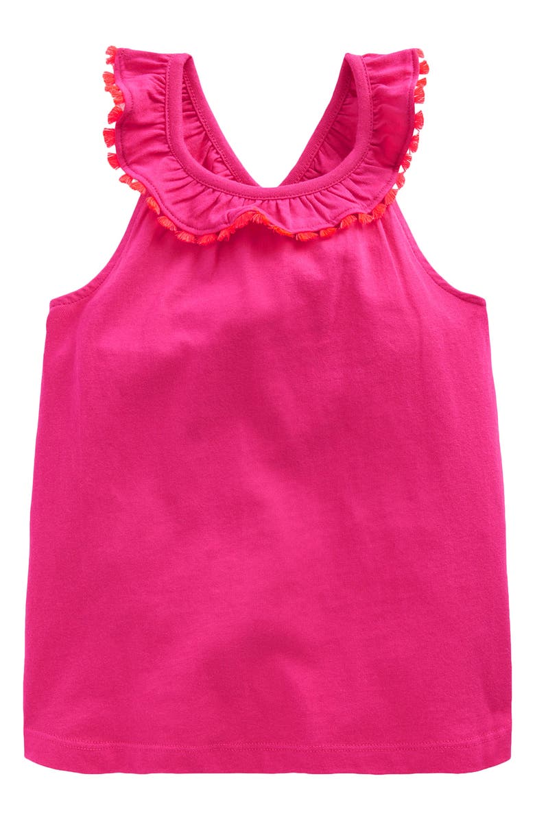 Mini Boden Kids' Ruffle Neck Cotton Top, Main, color, Brillant Pink