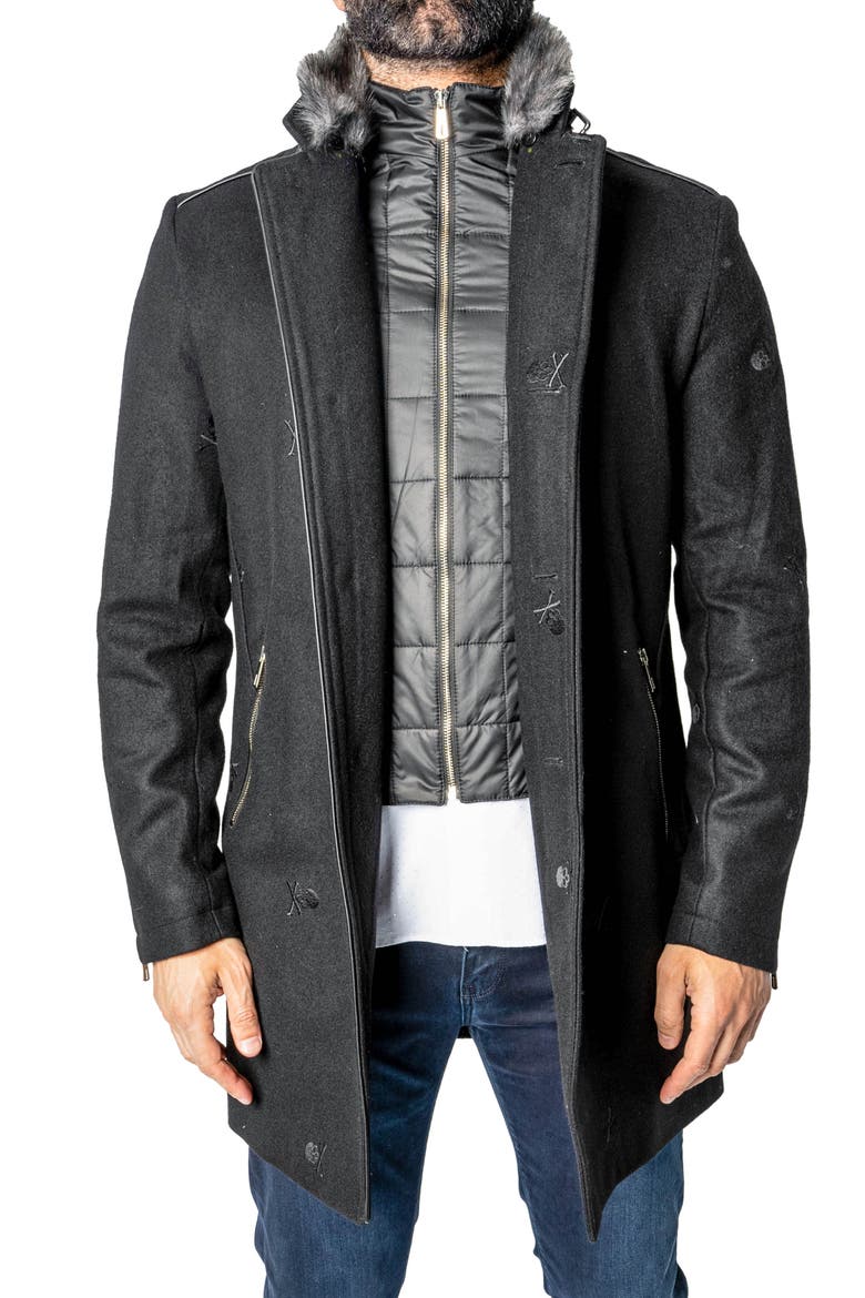 Captainskull Embroidered Wool Blend Peacoat, Alternate, color, BLACK