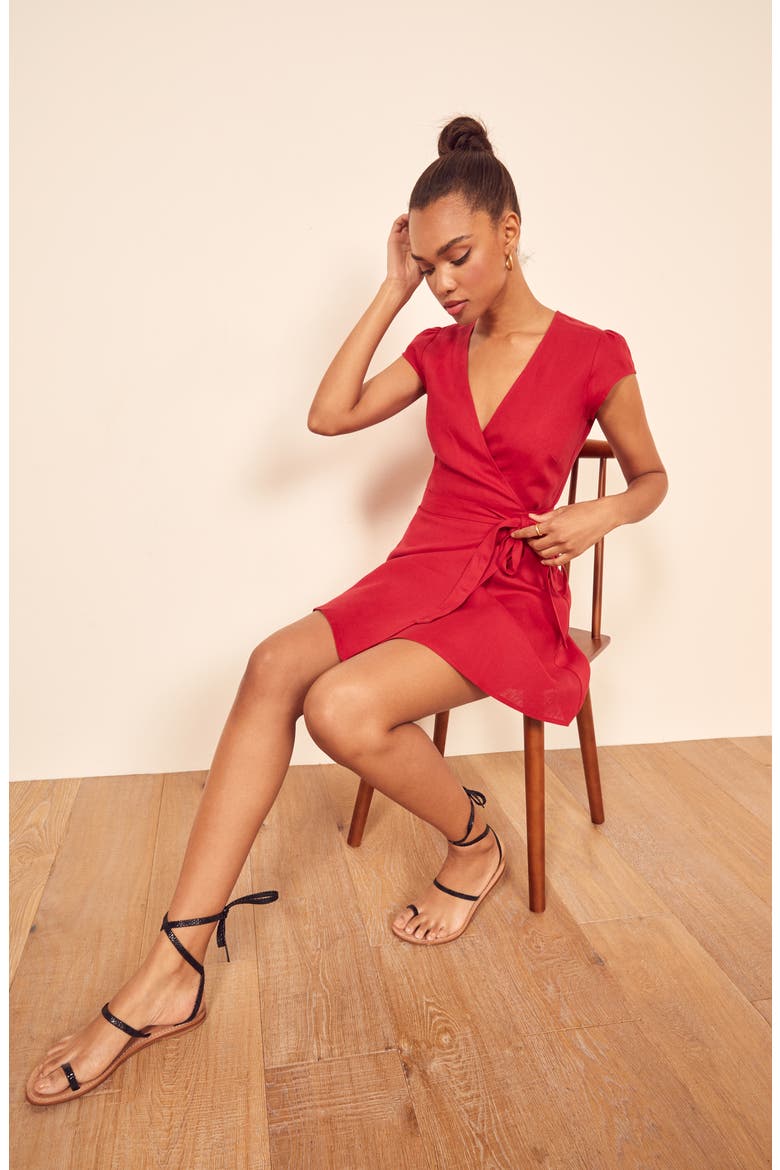 Rodin Linen Wrap Dress, Alternate, color, CHERRY