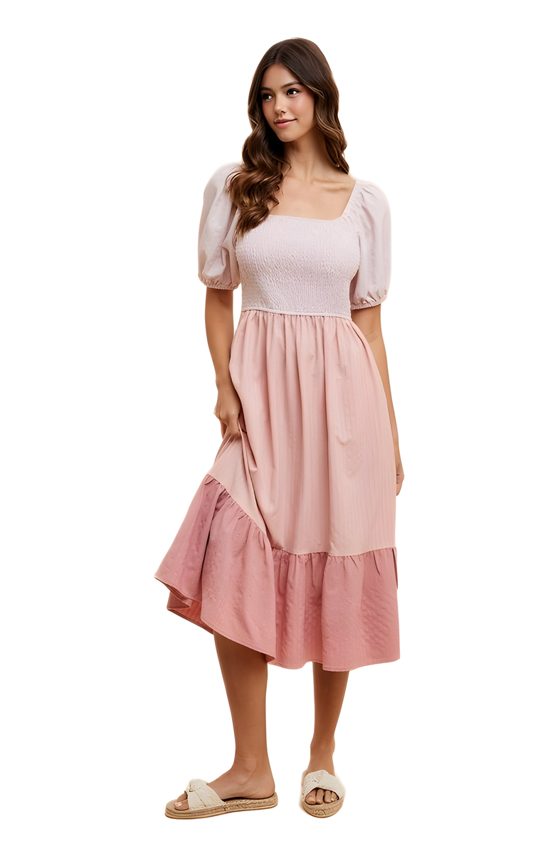 Knit and Lounge Puff Sleeve Midi Dress with Smocked Bodice, Alternate, color,
