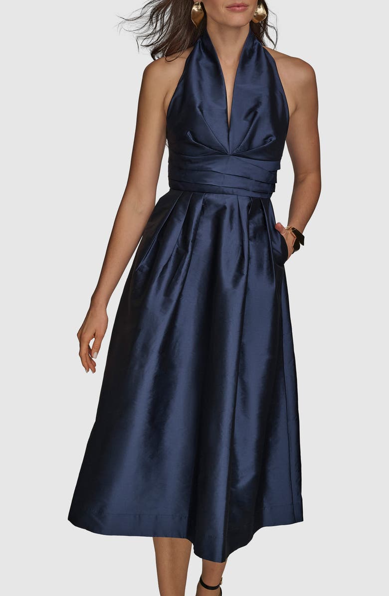 Donna Karan New York Plunge Neck Taffeta Midi Dress, Alternate, color, Taffeta Blue