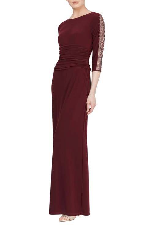 Beaded Sleeve Ruched Gown (Petite)