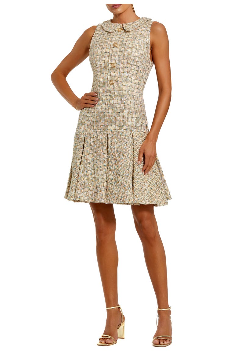 Mac Duggal Sleeveless Boucle Mini Dress with Soft Pleats, Main, color, Gold Multi