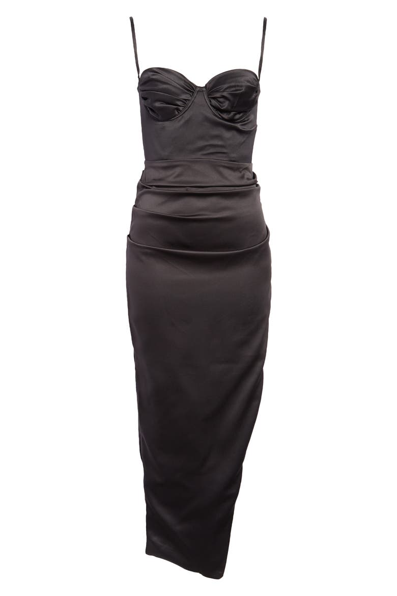 Flora Pleated Satin Midi Dress, Alternate, color, BLACK