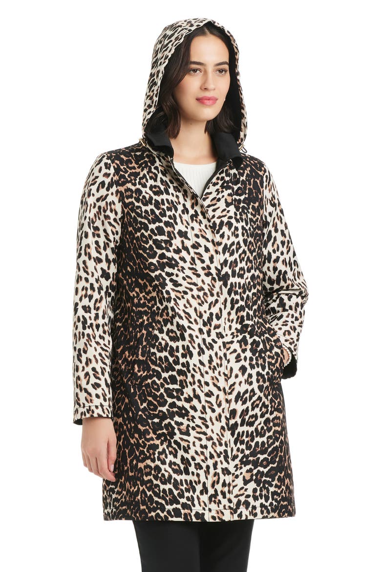 water resistant leopard print a-line raincoat, Alternate, color, DOWNTOWN LEOPARD