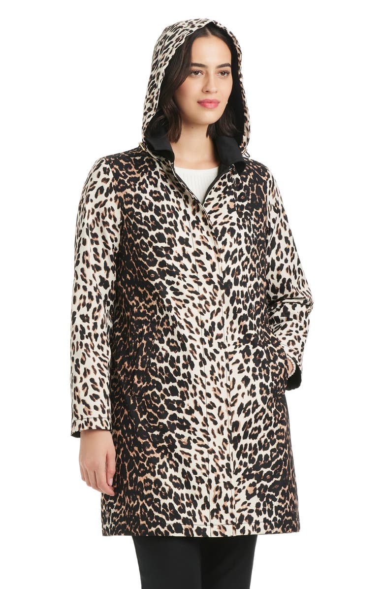 Kate Spade New York water resistant leopard print a-line raincoat, Alternate, color, Downtown Leopard
