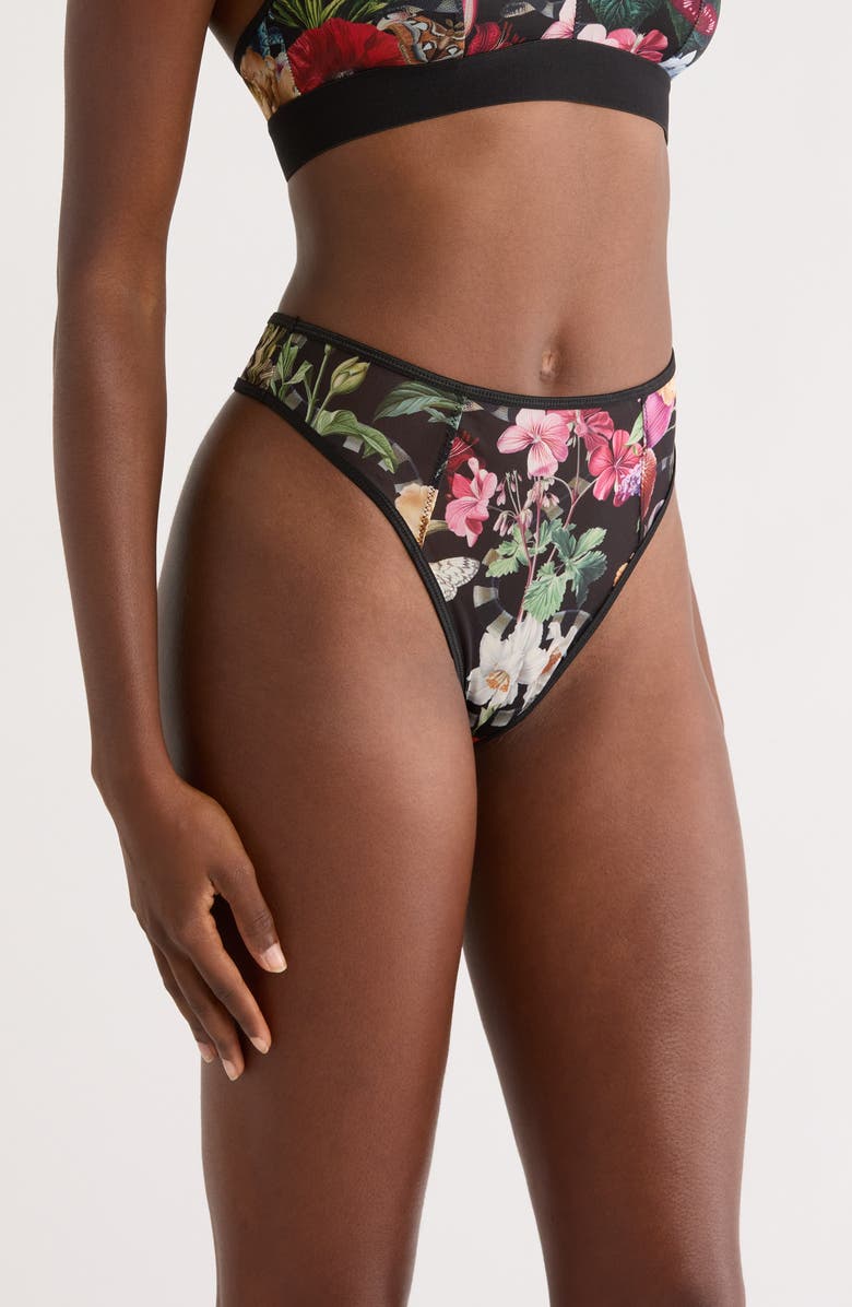 KILO BRAVA Floral Print Mesh Thong, Alternate, color, Garden Of Eden
