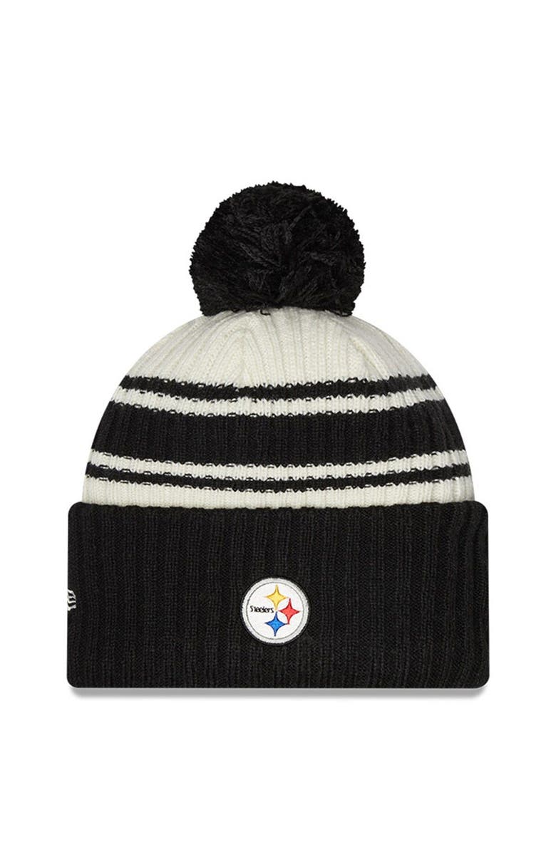 New Era Youth New Era Cream/Black Pittsburgh Steelers 2022 Sideline Sport Cuffed Pom Knit Hat, Alternate, color,