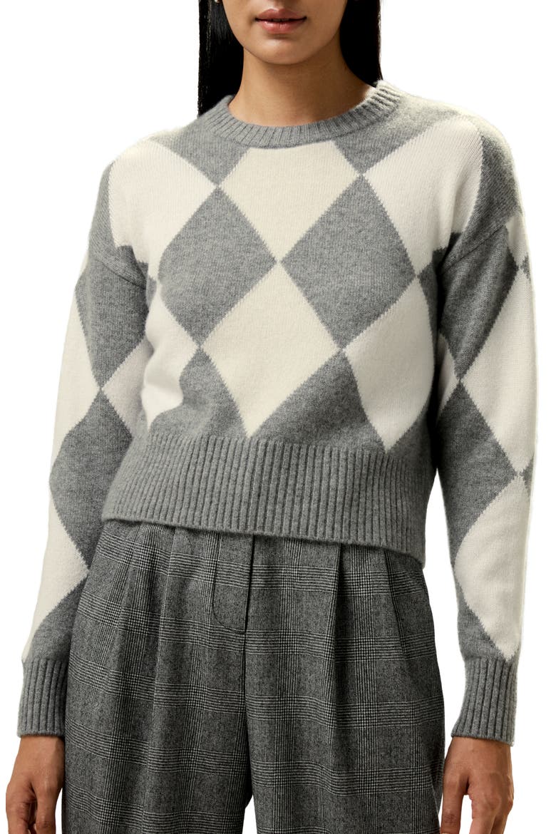 Women's Round Neck Diamond Pattern Cashmere Sweater, Main, color, Grey