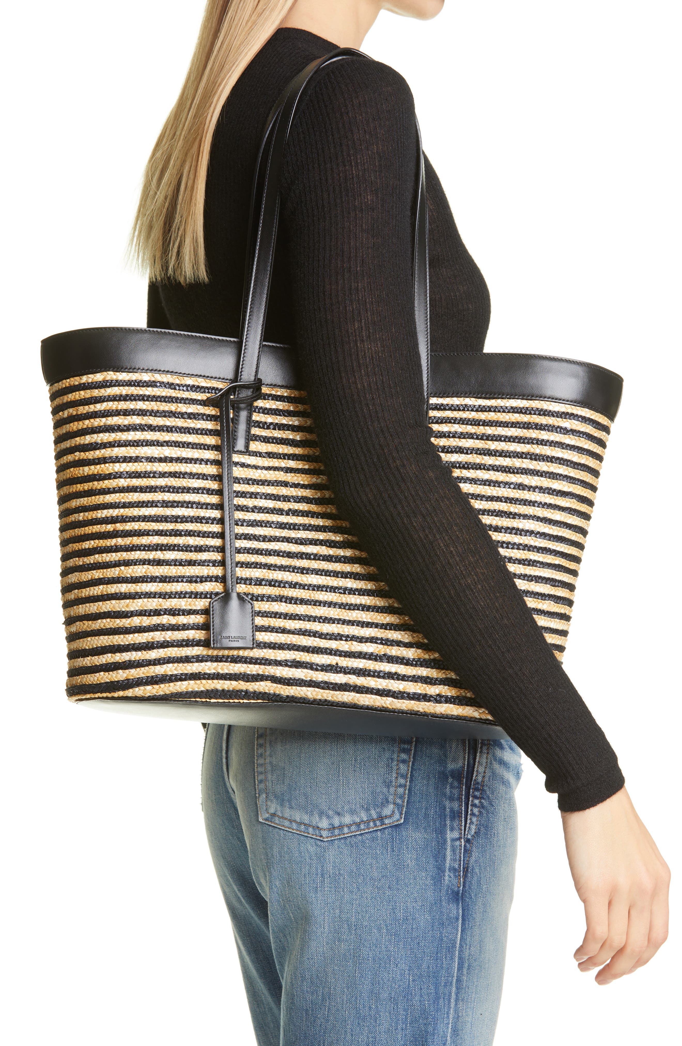 Saint Laurent Stripe Straw Shopper, Alternate, color, 