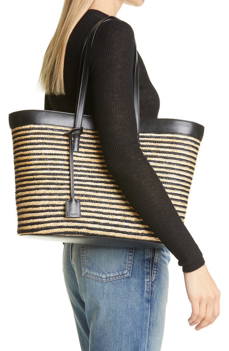Saint Laurent Stripe Straw Shopper, Alternate, color,