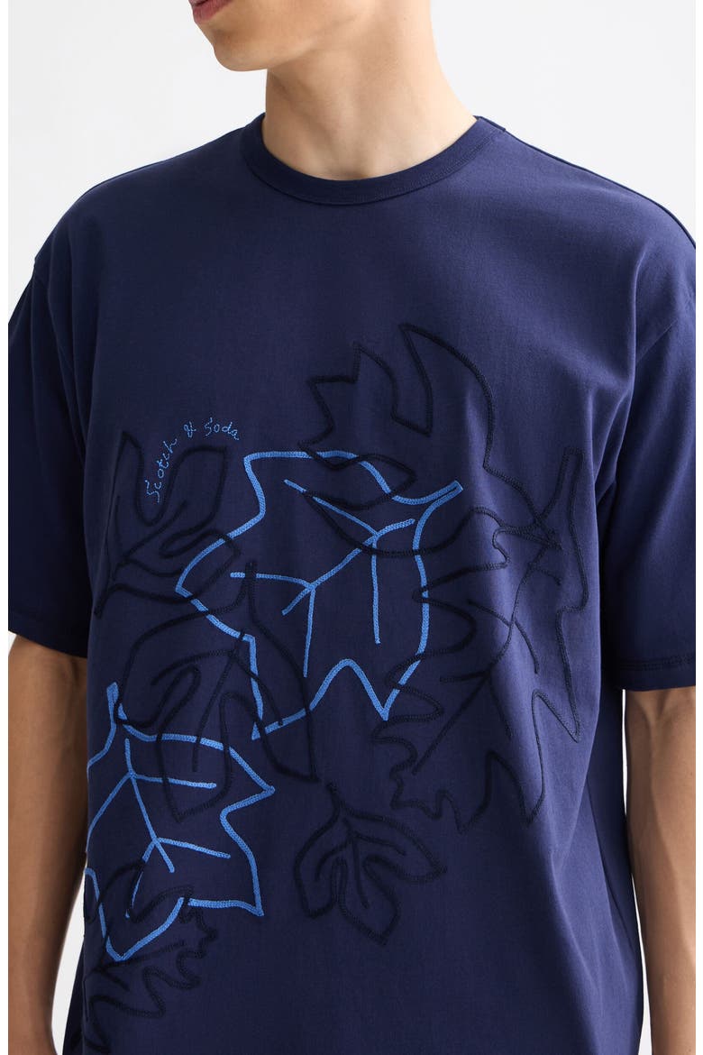 Loose Fit Leaf Embroidered Cotton T-Shirt, Alternate, color, PEACOAT
