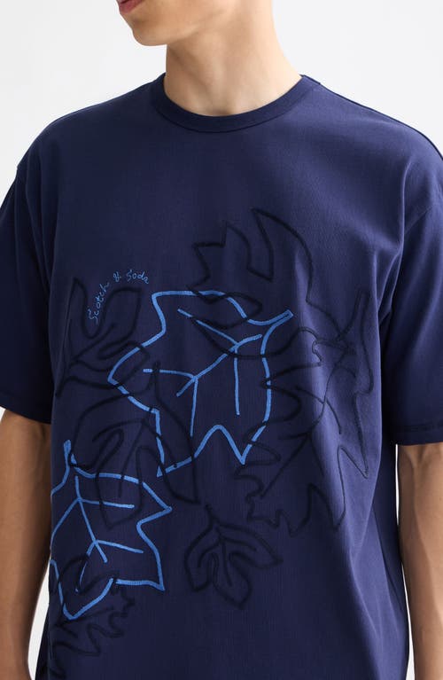 Scotch & Soda Loose Fit Leaf Embroidered Cotton T-shirt In Blue