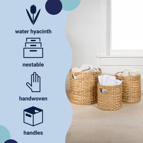 Happimess Avery Bohemian Cottage Handwoven Hyacinth Cylinder Nesting Baskets With Handles (set Of 3) In Natural