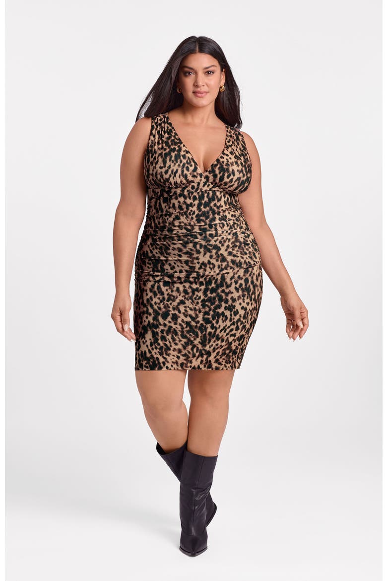 Sculpting Shapewear Shirred Waist V-Neck Mini Dress, Main, color, Dolce Leopard
