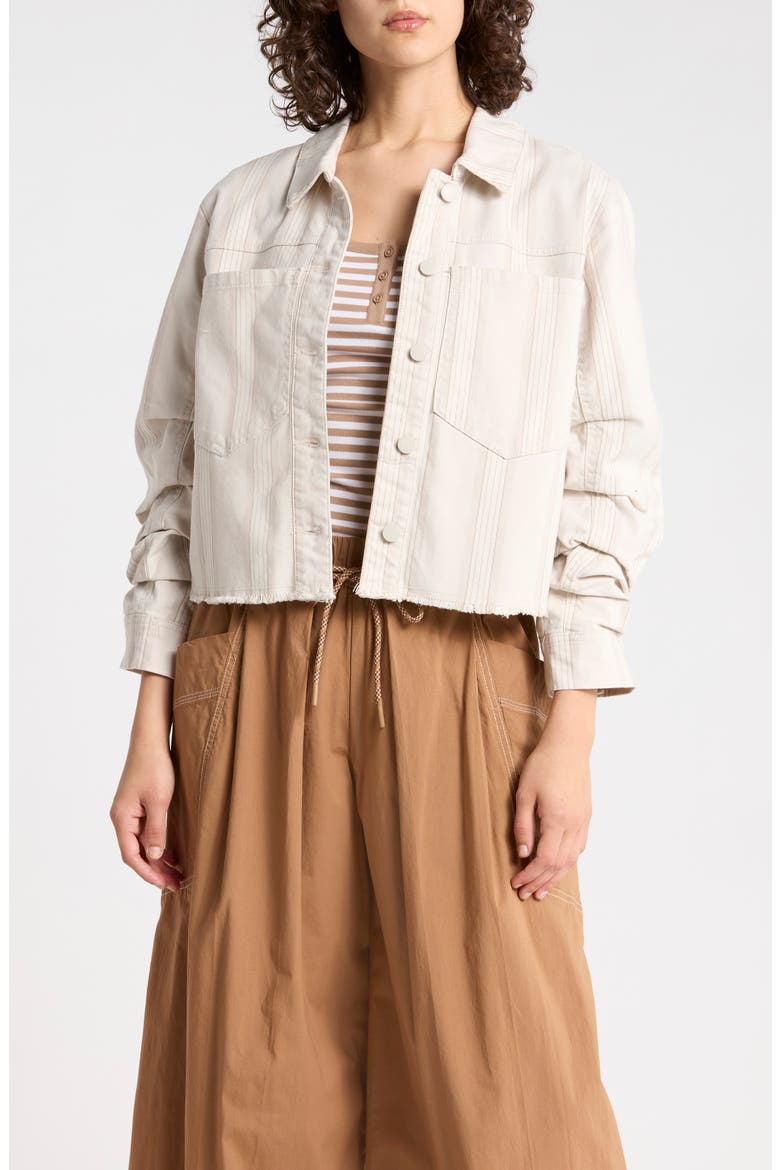 Ruched Sleeve Fray Hem Crop Jacket, Main, color, ECRU STRIPE