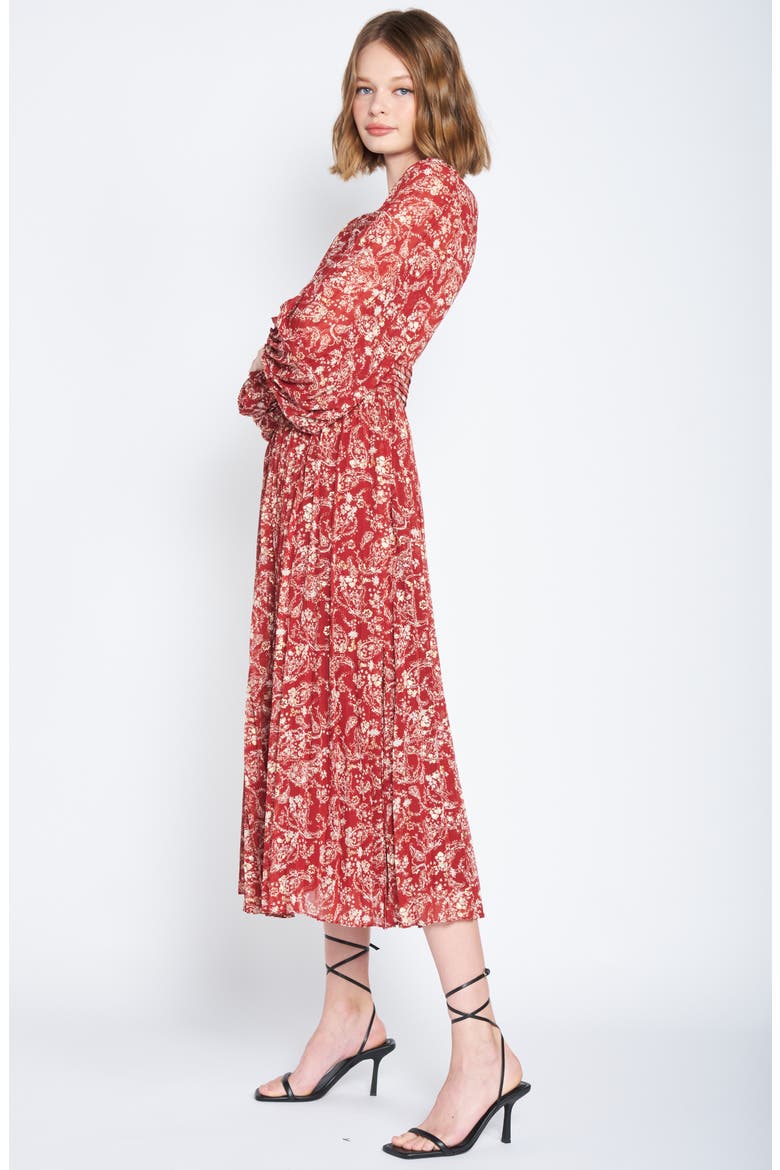 Paisley Long Sleeve Pleated Dress, Alternate, color, RUST