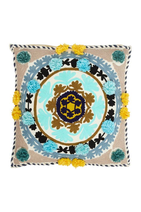 Decorative Multicolored Square Mandala Embroidered Throw Pillow