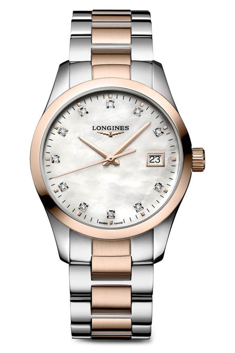 Conquest Classic Diamond Index Bracelet Watch, 34mm, Main, color, STAINLESS STEEL