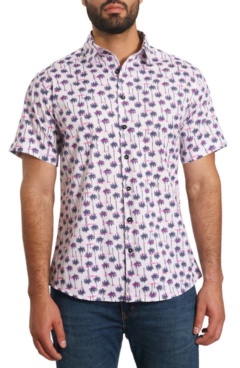 Trim Fit Palm Print Short Sleeve Button-Up Shirt