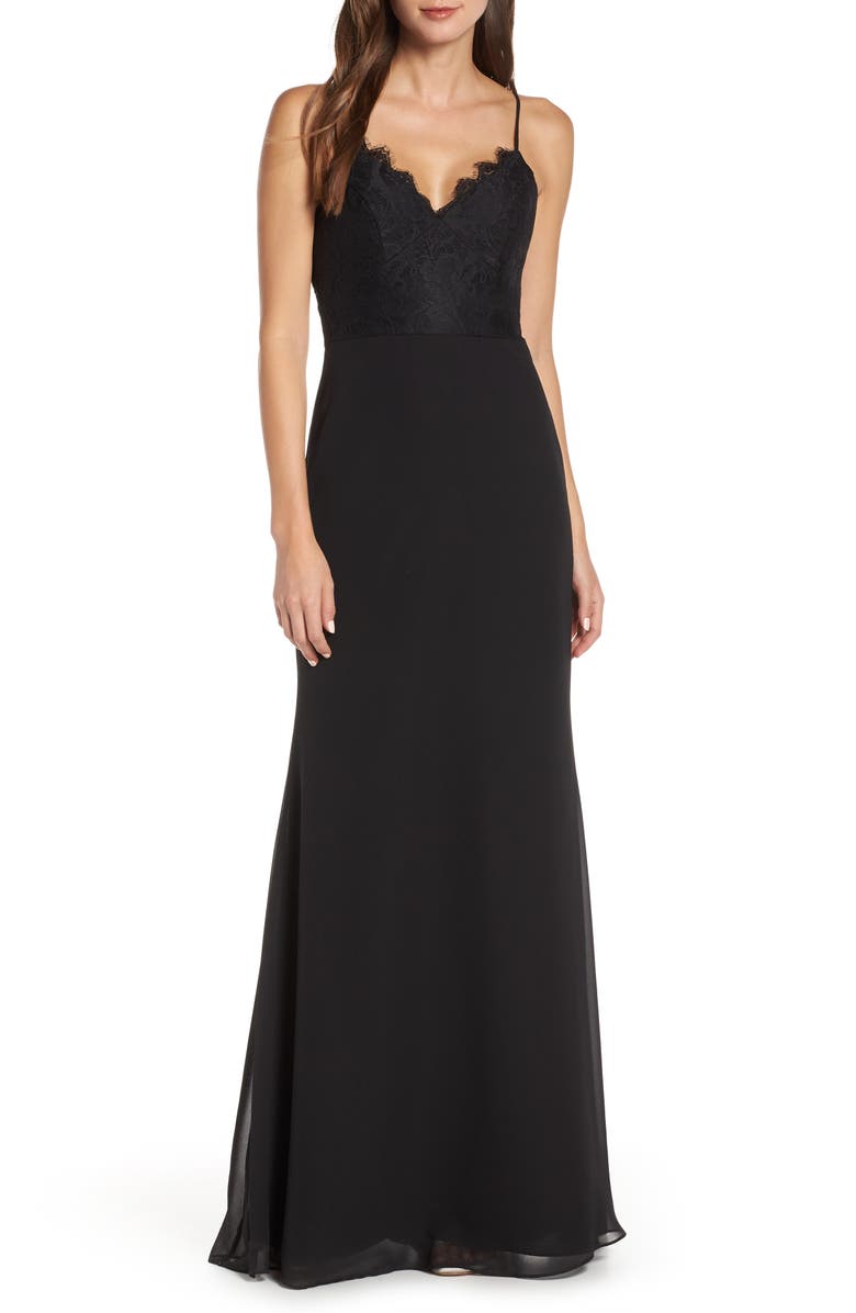 Hayley Paige Occasions Sleeveless Rose Lace & Chiffon Evening Dress, Main, color, 