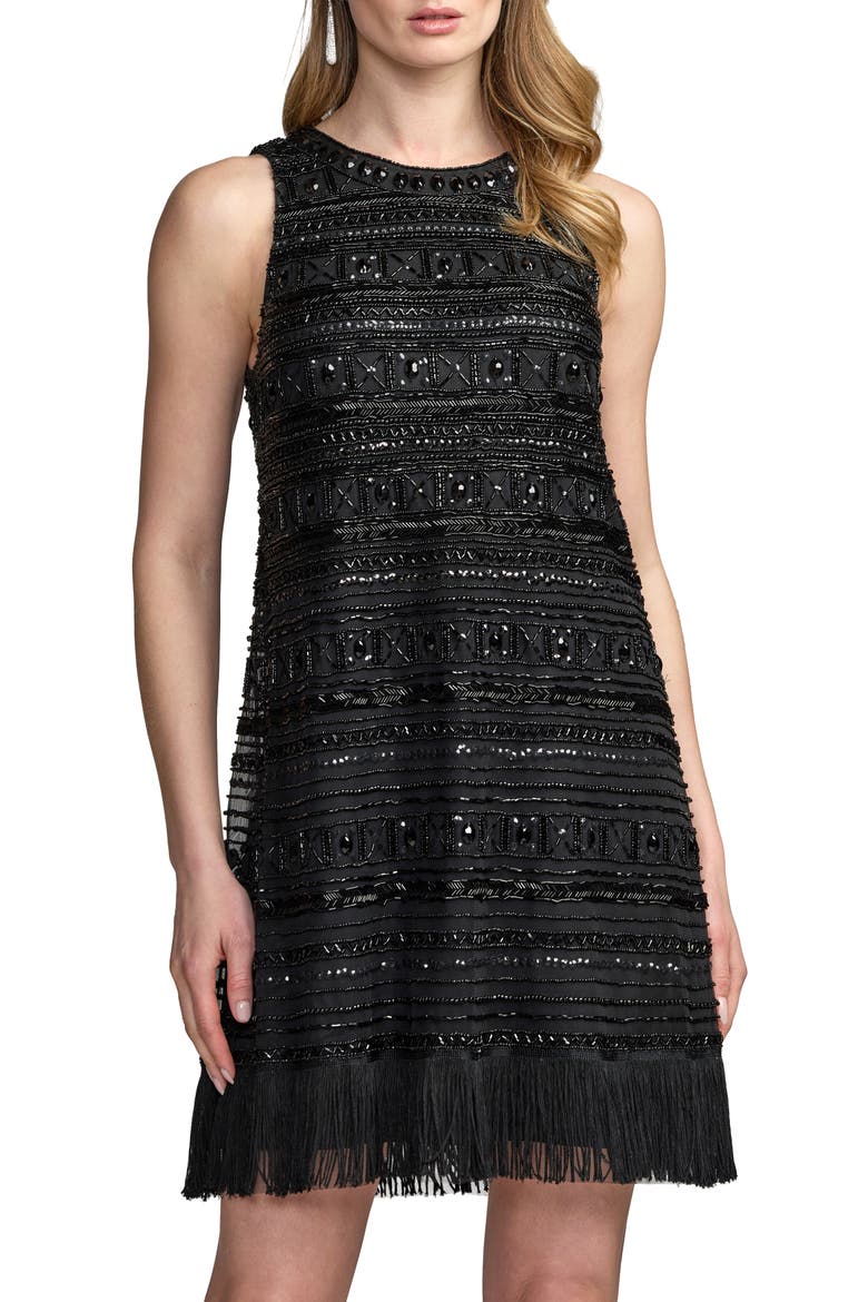 Embellished Mesh Trapeze Fringe Mini Dress, Alternate, color, Black