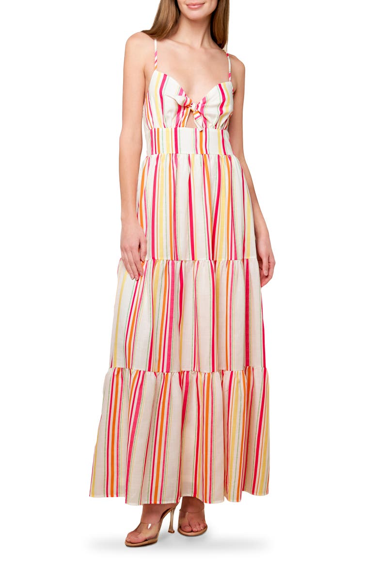 Stripe Tie Front Tiered Maxi Dress, Main, color, IVORY FUCHSIA