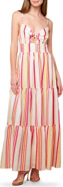FLYING TOMATO Stripe Tie Front Tiered Maxi Dress